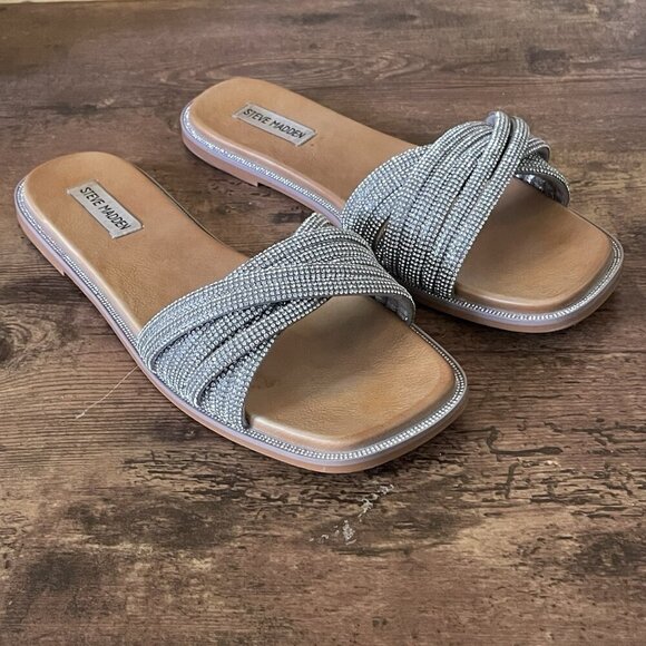 Steve Madden Womens Vanilly Sandal Sz 10 Silver Crystal Slip On Slide Bling Glam - Picture 2 of 13